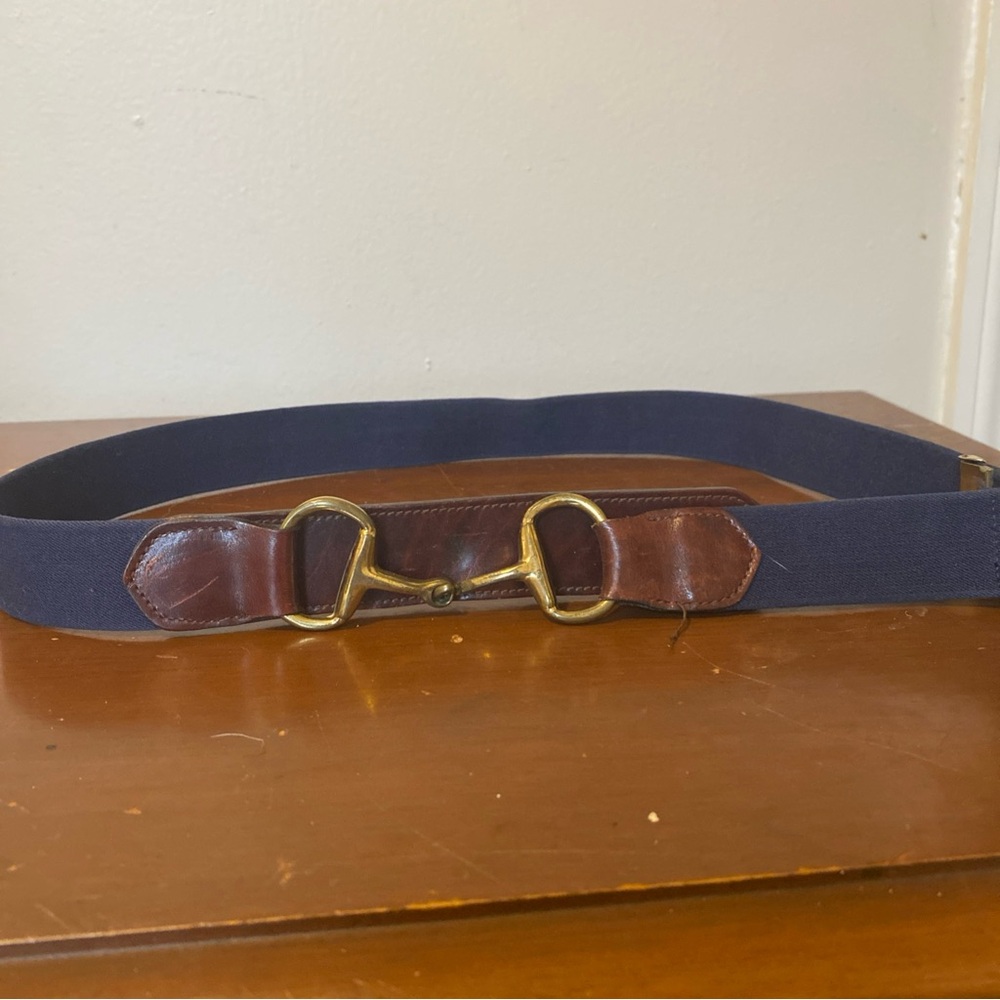 Marley Hodgson Navy Fabric Belt with Brown Leather and Brass Bit Closure Detail